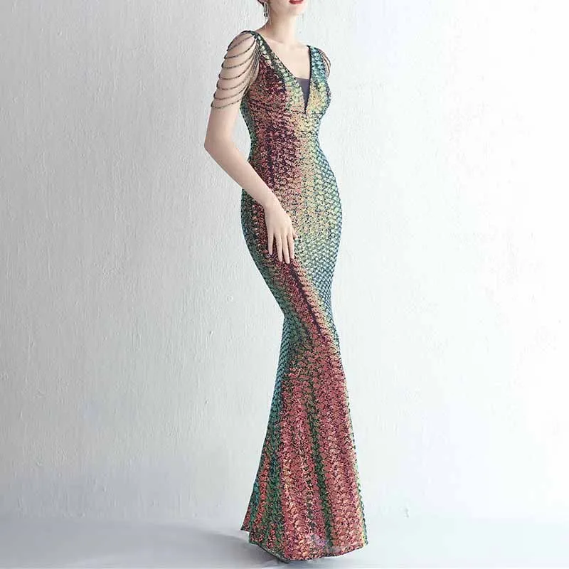 Women's Dress V Neck Long Maxi Elegant Mermaid Formal Dresses Evening Gown S-4XL
