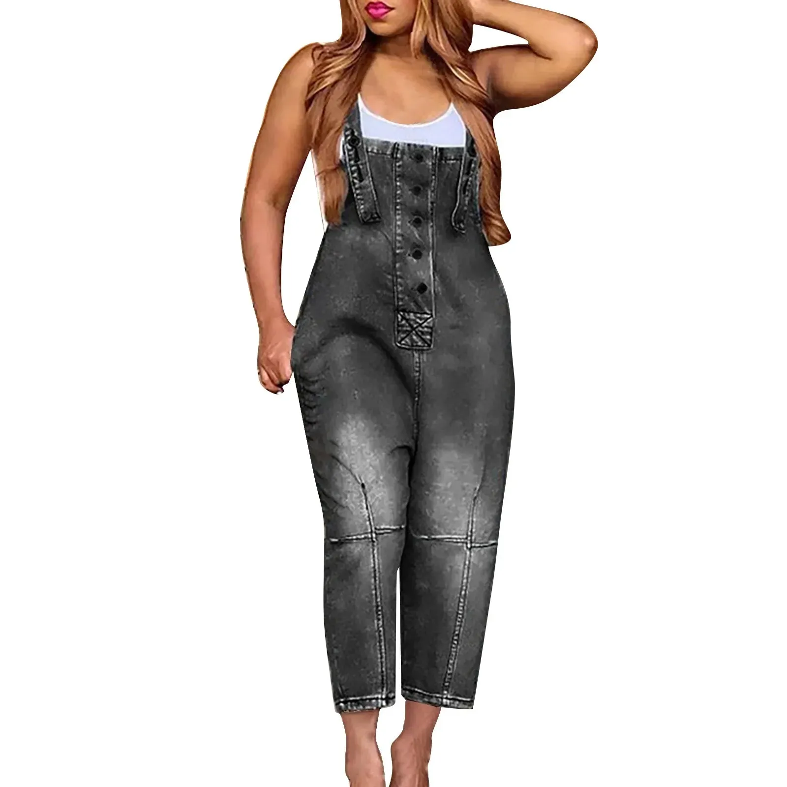 Women'S Pocket Washed Denim Overalls European American Large Size Button Strap Backpack Shorts Casual Womens Jeans Overalls