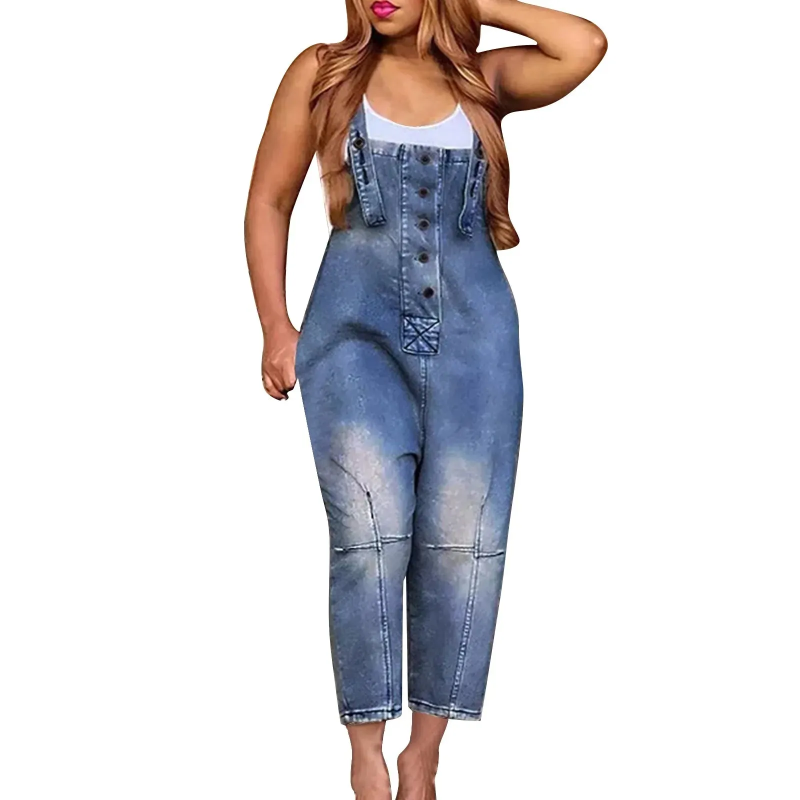 Women'S Pocket Washed Denim Overalls European American Large Size Button Strap Backpack Shorts Casual Womens Jeans Overalls