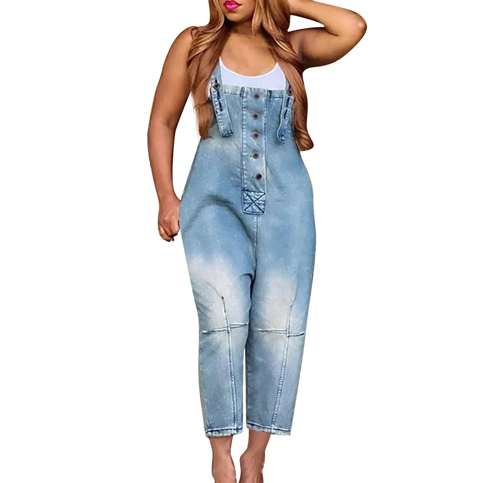 Women'S Pocket Washed Denim Overalls European American Large Size Button Strap Backpack Shorts Casual Womens Jeans Overalls