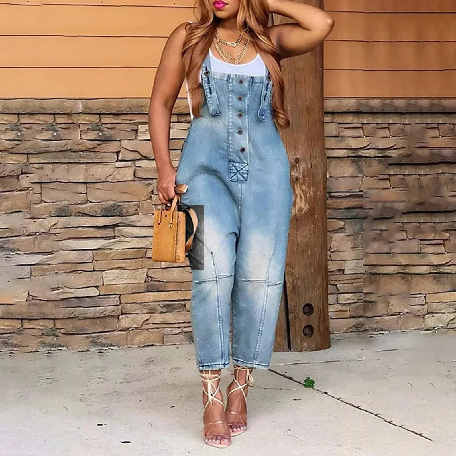 Women'S Pocket Washed Denim Overalls European American Large Size Button Strap Backpack Shorts Casual Womens Jeans Overalls
