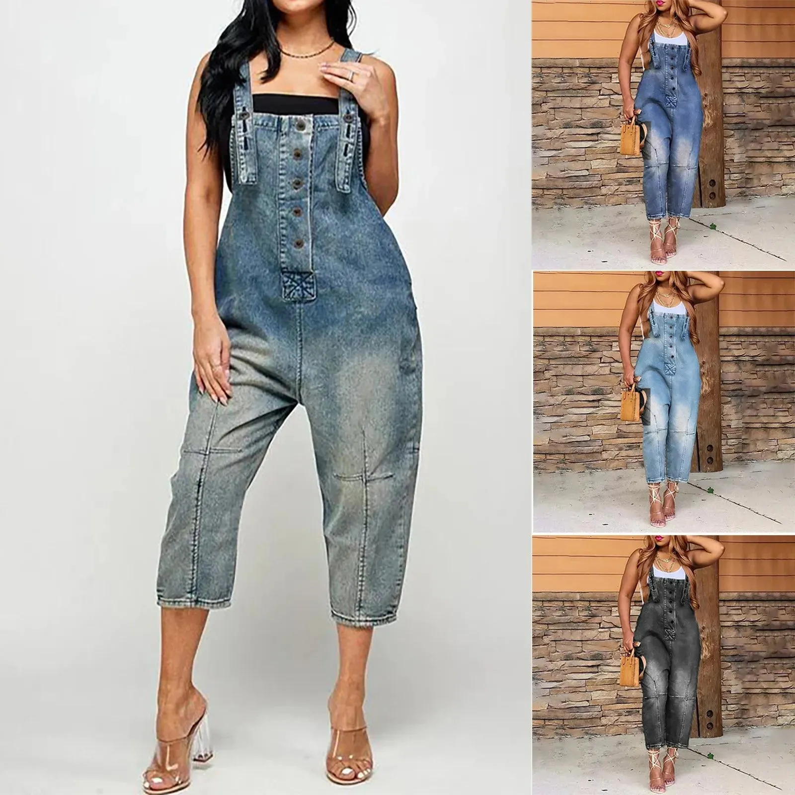Women'S Pocket Washed Denim Overalls European American Large Size Button Strap Backpack Shorts Casual Womens Jeans Overalls