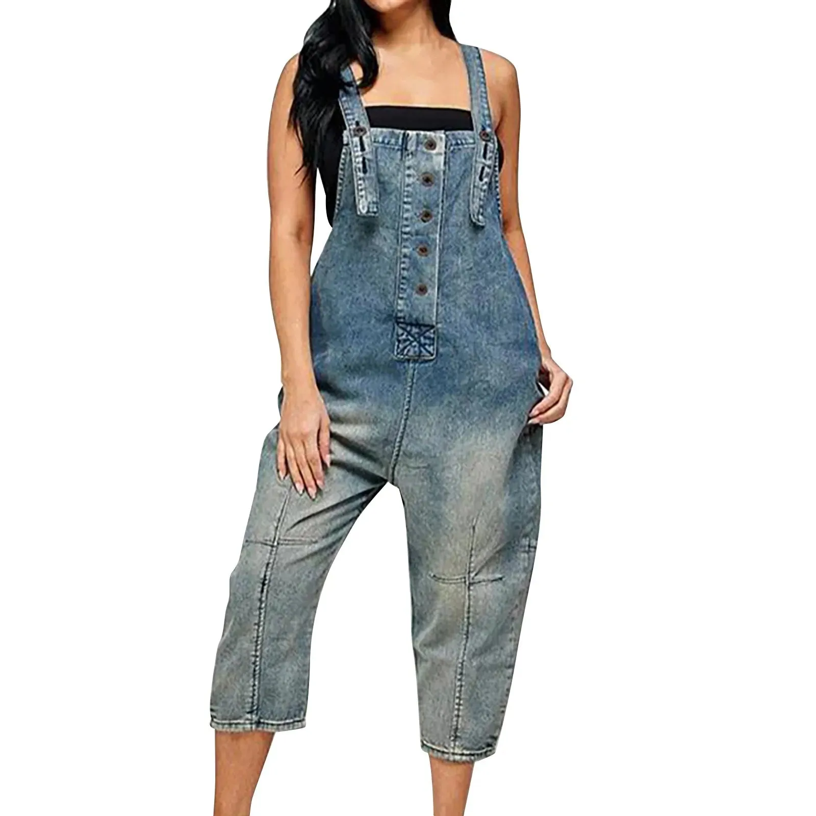 Women'S Pocket Washed Denim Overalls European American Large Size Button Strap Backpack Shorts Casual Womens Jeans Overalls
