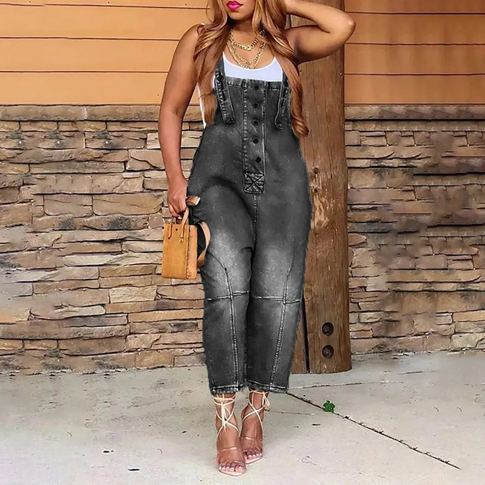 Women'S Pocket Washed Denim Overalls European American Large Size Button Strap Backpack Shorts Casual Womens Jeans Overalls