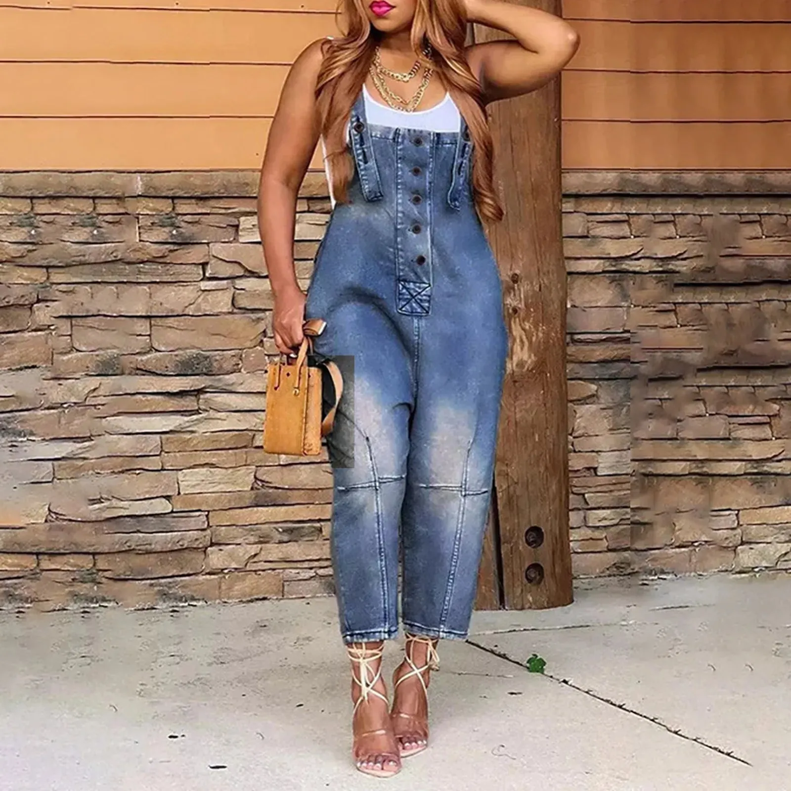 Women'S Pocket Washed Denim Overalls European American Large Size Button Strap Backpack Shorts Casual Womens Jeans Overalls