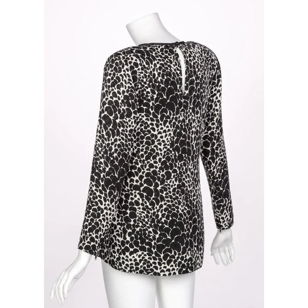 YVES SAINT LAURENT Ysl Black White Silk Print Blouse Top, 1970s