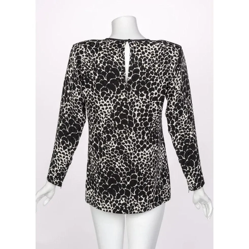 YVES SAINT LAURENT Ysl Black White Silk Print Blouse Top, 1970s